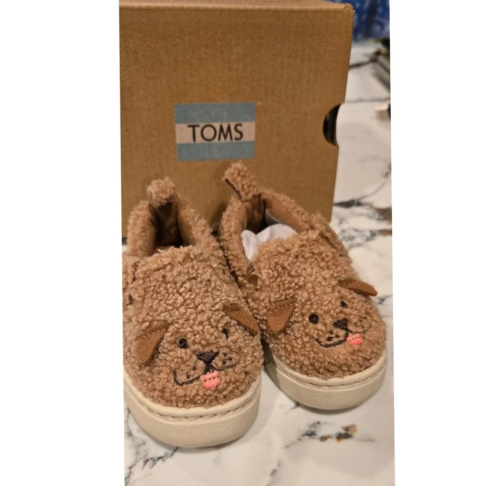 TOMS Kids Luca Doodle Plush Slip On Shoes‎ Toddler Size 3 Brown Dog Face